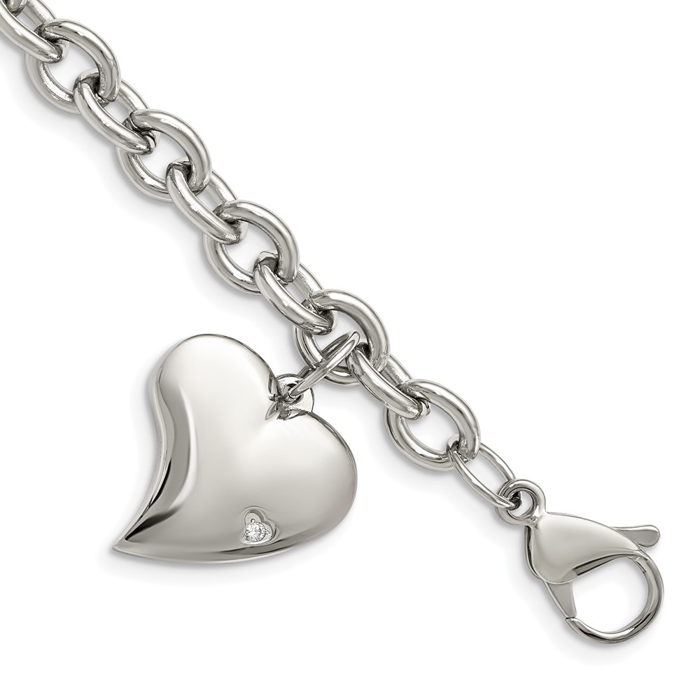 Stainless Steel Polished Link with CZ Heart Dangle Charm 7.5 inch Bracelet