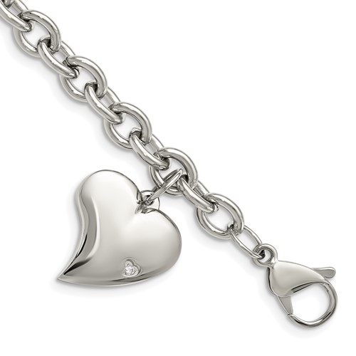 Chisel Stainless Steel Polished Link Bracelet with CZ Heart Dangle Charm, 7.5"