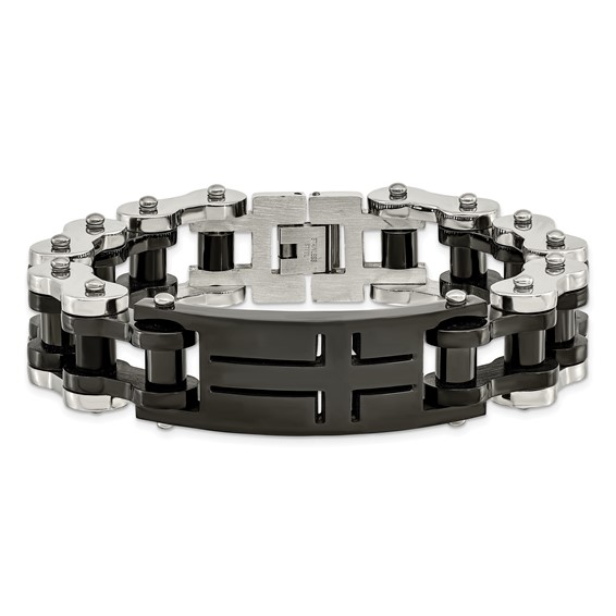 Chisel Stainless Steel Polished Black IP-plated 9 inch Cross ID Bracelet