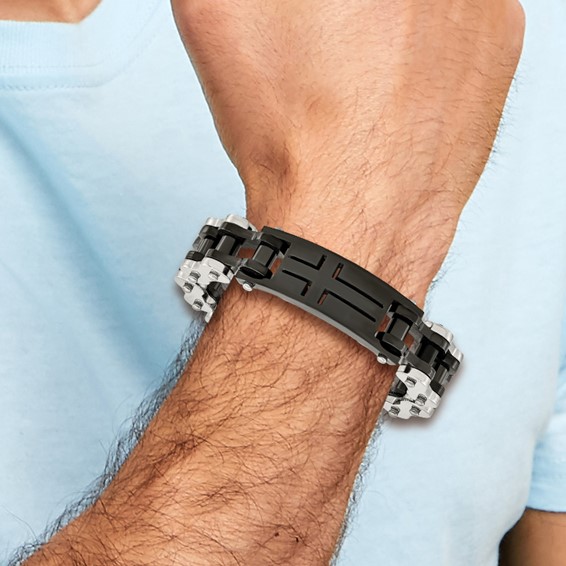 Chisel Stainless Steel Polished Black IP-plated 9 inch Cross ID Bracelet