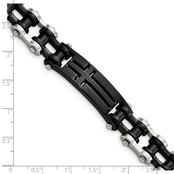 Chisel Stainless Steel Polished Black IP-plated 9 inch Cross ID Bracelet