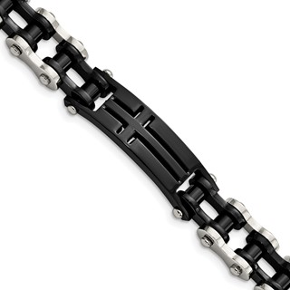 Chisel Stainless Steel Polished Black IP-plated 9 inch Cross ID Bracelet