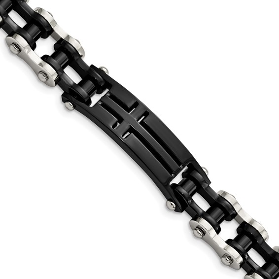 Chisel Stainless Steel Polished Black IP-plated 9 inch Cross ID Bracelet