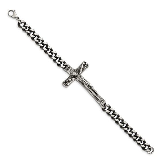Chisel Stainless Steel Antiqued and Polished Crucifix 8.75 inch Bracelet