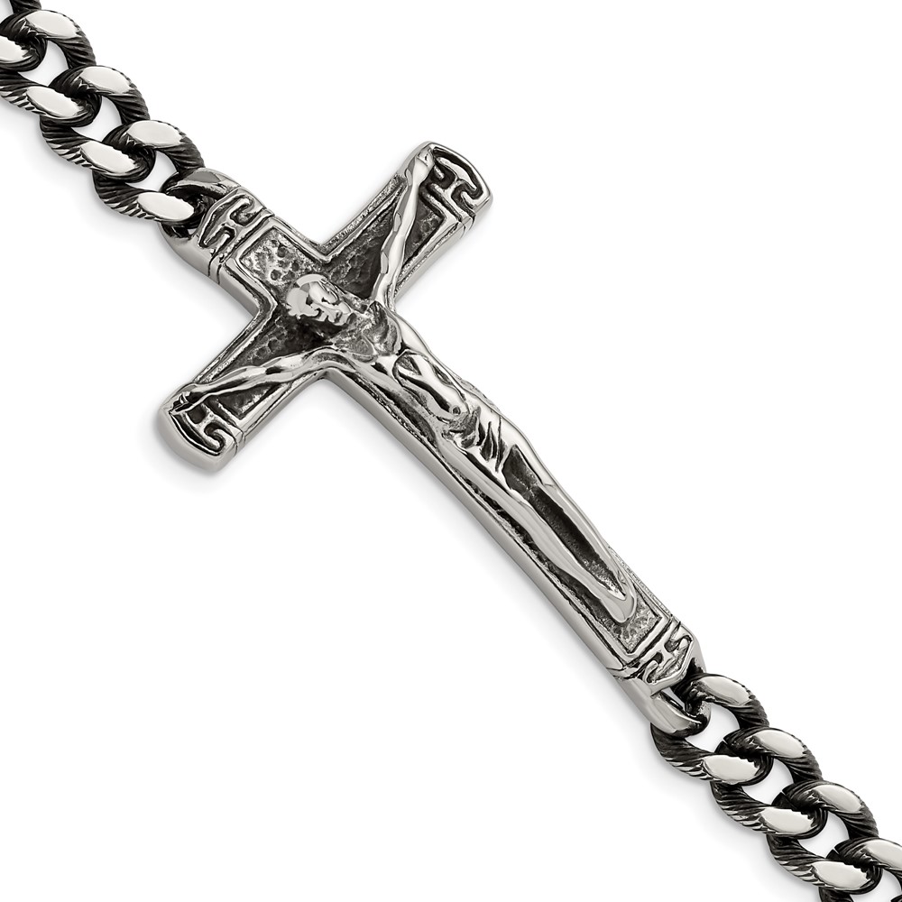 Stainless Steel Antiqued and Polished Crucifix 8.75in Bracelet