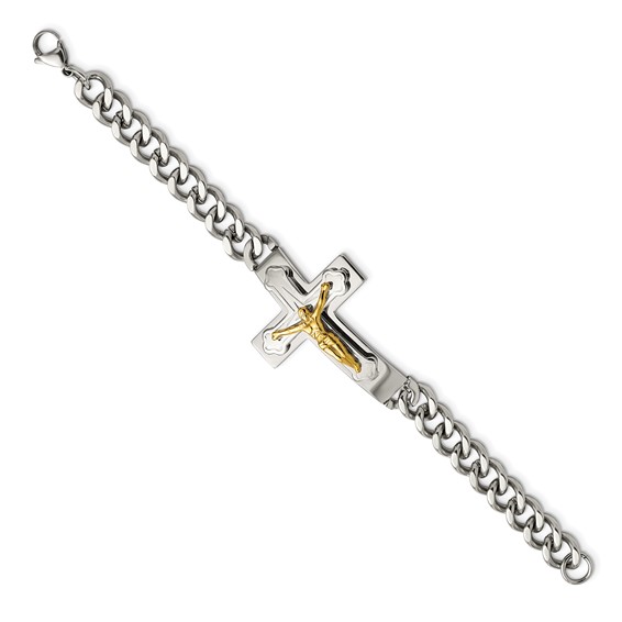 Chisel Stainless Steel Polished Yellow IP-plated Crucifix 8 inch Bracelet