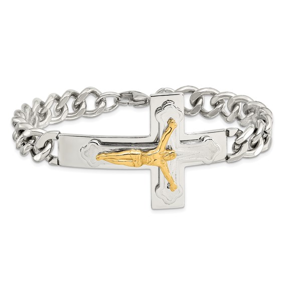 Chisel Stainless Steel Polished Yellow IP-plated Crucifix 8 inch Bracelet