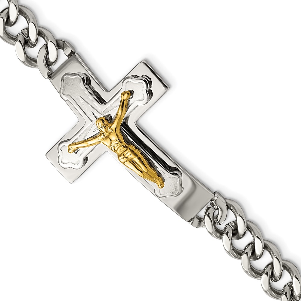 Stainless Steel Polished Yellow IP-plated Crucifix 8in Bracelet