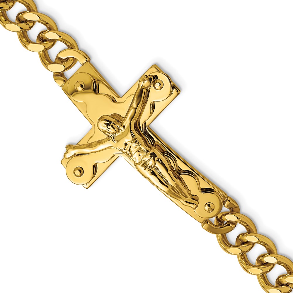 Stainless Steel Polished Yellow IP-plated Crucifix 8.25in Bracelet