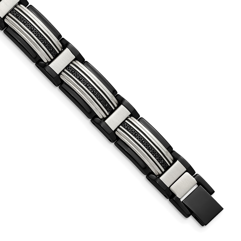 Stainless Steel Polished Black IP-plated with Black CZ 8.75in Bracelet
