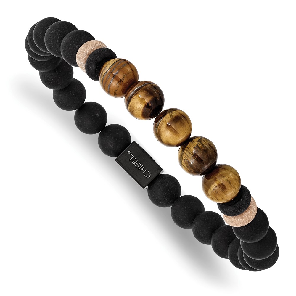 Chisel Stainless Steel Brushed Black IP-plated 8mm Black Agate and Tiger’s Eye Beaded Stretch Bracelet