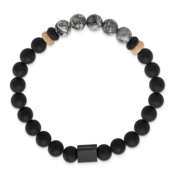 Chisel Stainless Steel Brushed Black IP-plated 8mm Black Agate and Grey Jasper Beaded Stretch Bracelet