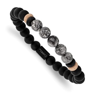 Chisel Stainless Steel Brushed Black IP-plated 8mm Black Agate and Grey Jasper Beaded Stretch Bracelet