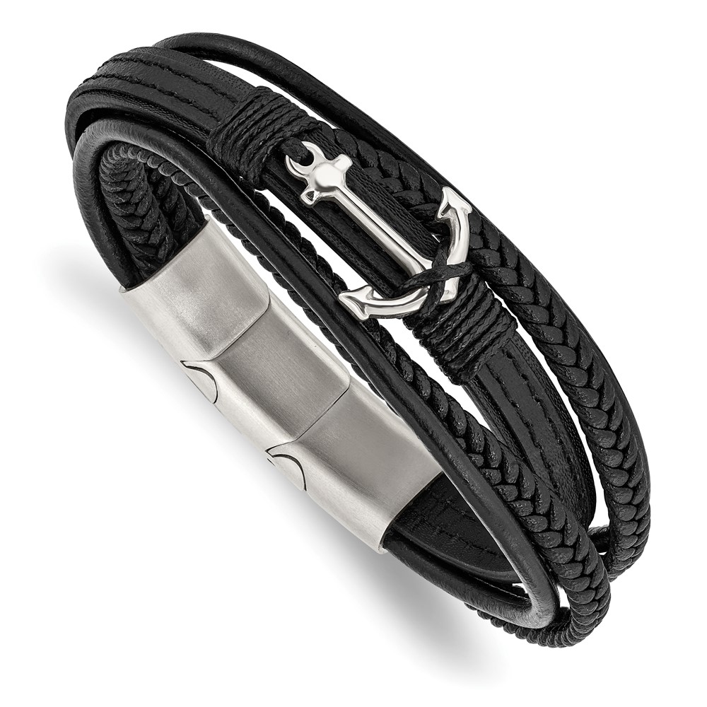 Stainless Steel Polished Anchor Genuine/PU Leather w/.5in ext Bracelet