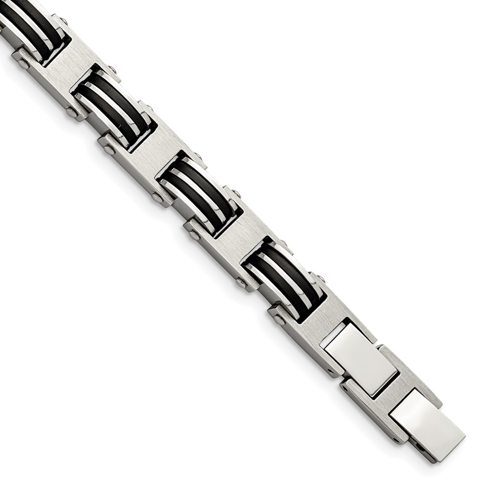 Chisel Stainless Steel Brushed and Polished with Black Rubber 7.75 inch Link Bracelet with .5 inch Extension