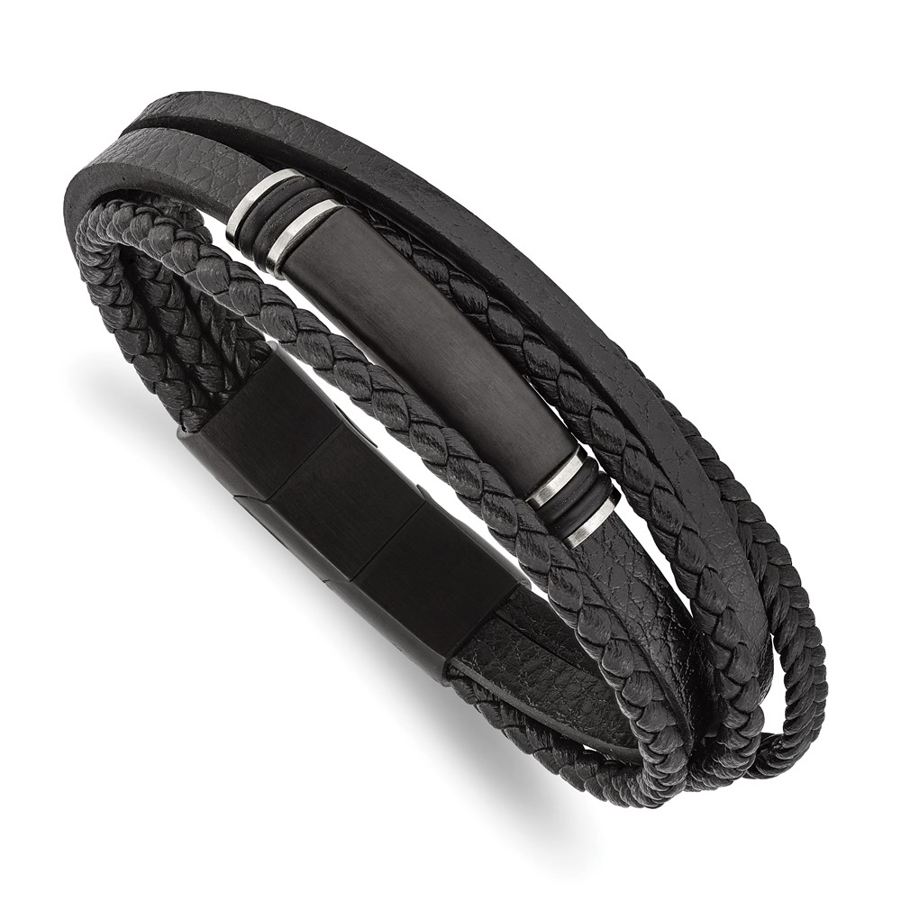 Stainless Steel Brushed Black IP PU Leather/Rubber 8in w/.5in ext Bracelet