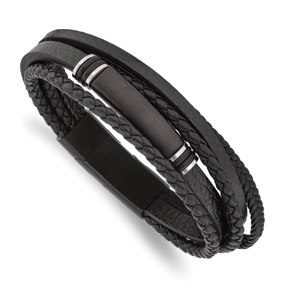 Stainless Steel Brushed Black Leather 8 inch ID Bracelet with Extension Stainless Steel Brushed Black Leather 8 inch ID Bracelet with Extension