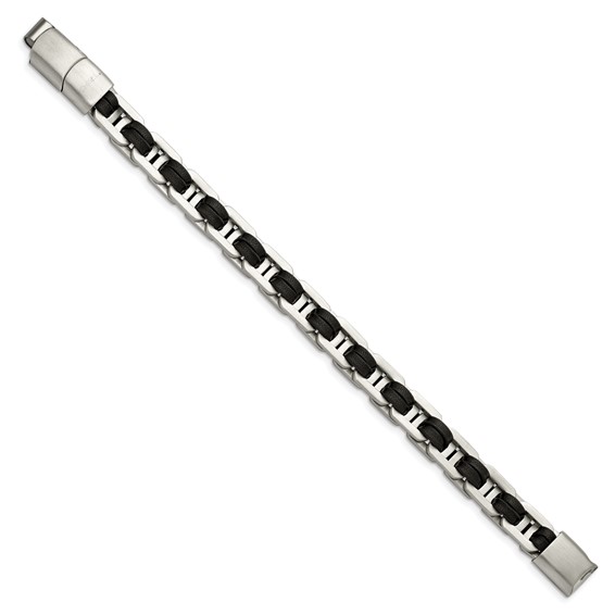 Chisel Stainless Steel Brushed with Black PU Leather 7.75 inch Bracelet with .5 inch Extension