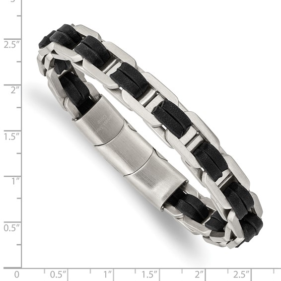 Chisel Stainless Steel Brushed with Black PU Leather 7.75 inch Bracelet with .5 inch Extension