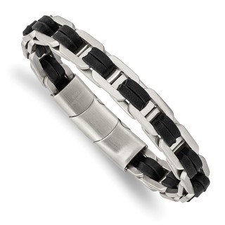 Chisel Stainless Steel Brushed with Black PU Leather 7.75 inch Bracelet with .5 inch Extension