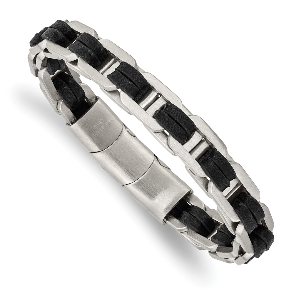 Stainless Steel Brushed with Black PU Leather 7.75in w/.5in ext Bracelet