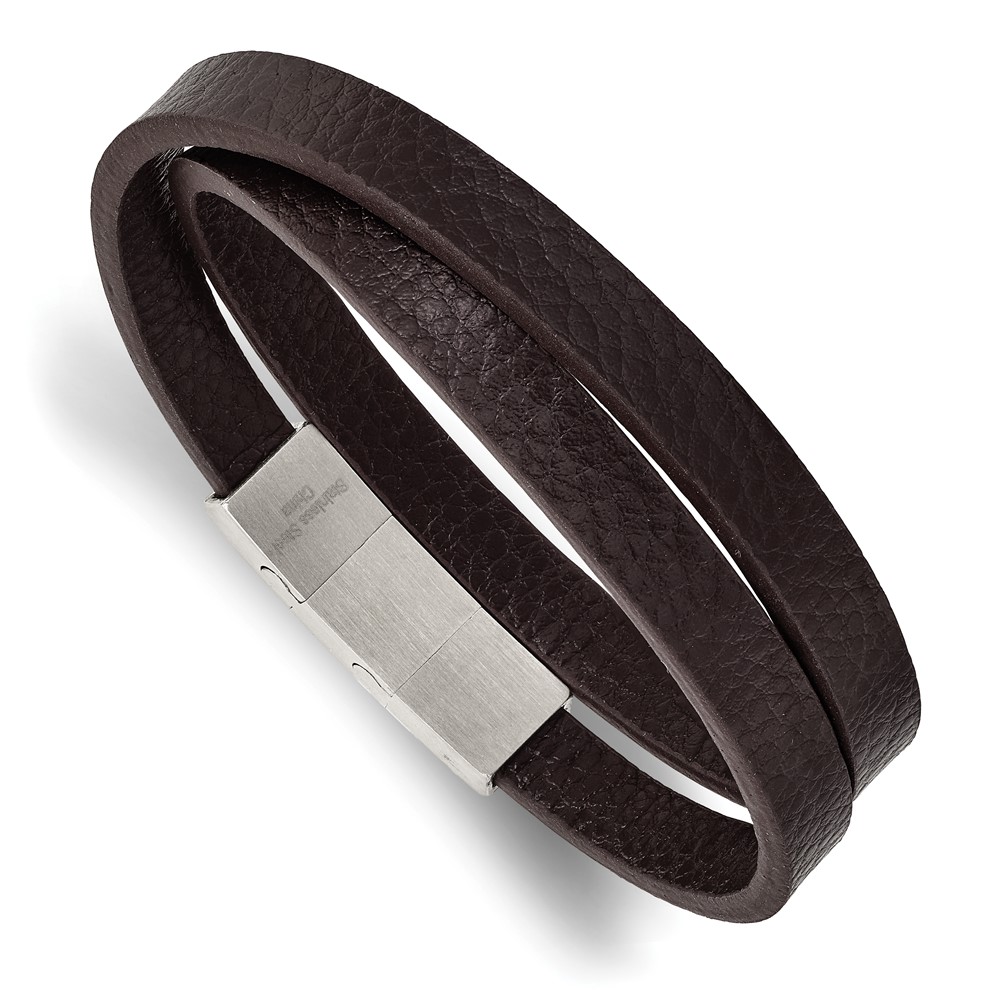 Stainless Steel Brushed Brown PU Leather 16in w/.25in ext Wrap Bracelet