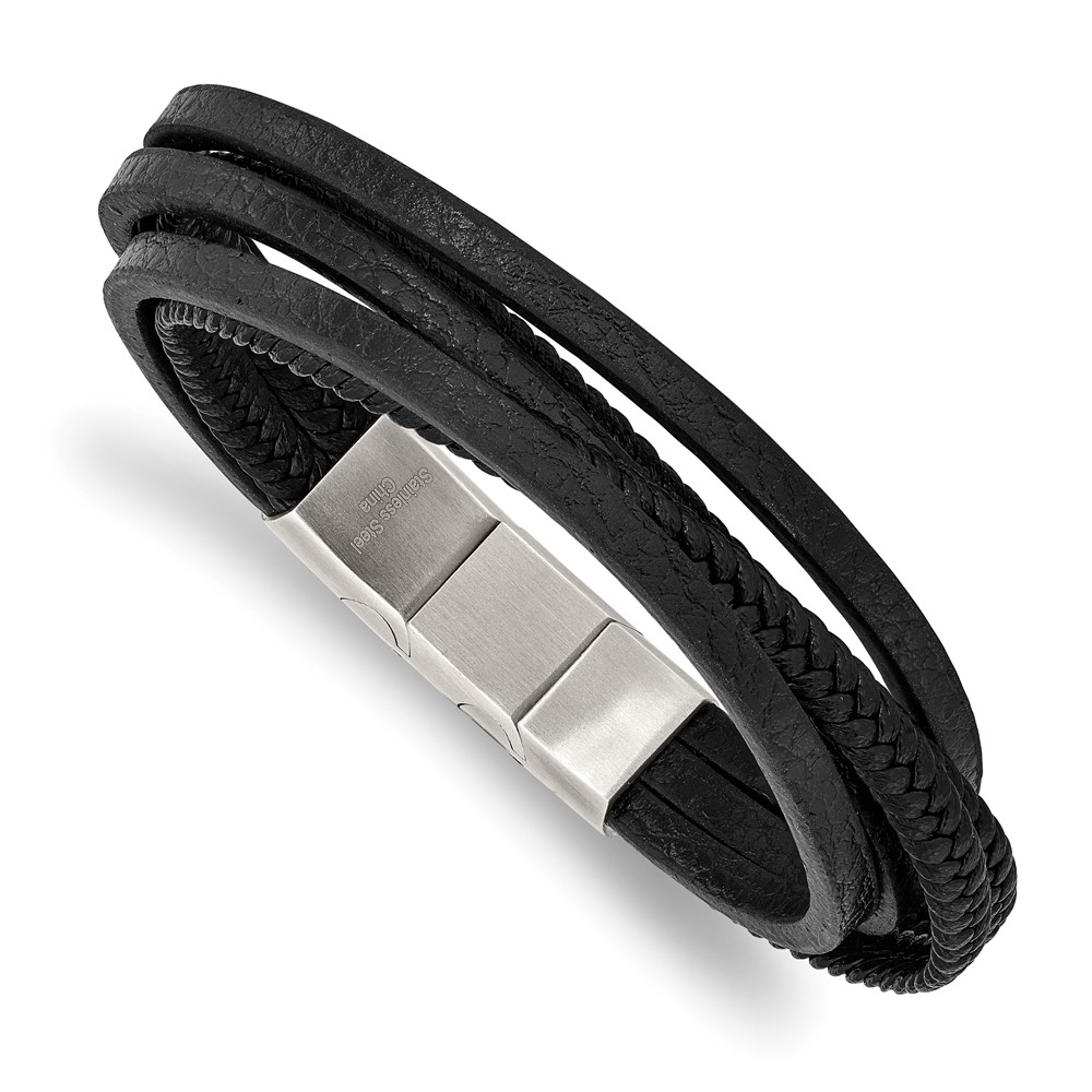 Stainless Steel Polished Black PU Leather Multi Strand w/.5in ext Bracelet