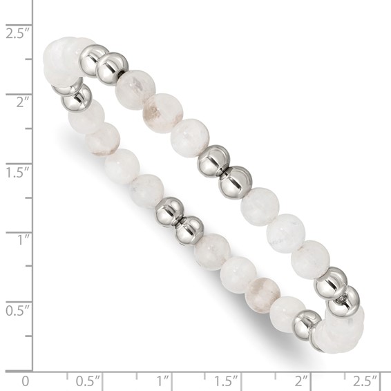 Chisel Stainless Steel Polished 6mm White Moonstone Beaded Stretch Bracelet