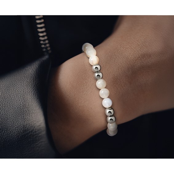 Chisel Stainless Steel Polished 6mm White Moonstone Beaded Stretch Bracelet