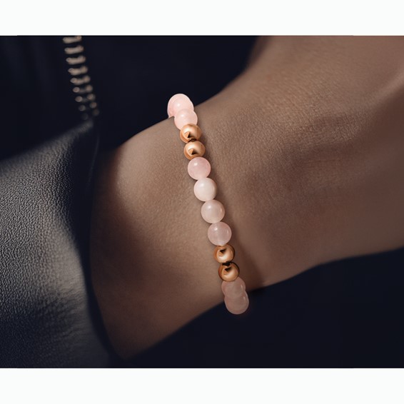 Chisel Stainless Steel Polished Rose IP-plated 6mm Pink Quartz Beaded Stretch Bracelet