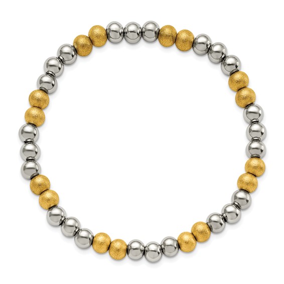 Chisel Stainless Steel Polished Yellow IP-plated Sandblasted 6mm Beaded Stretch Bracelet