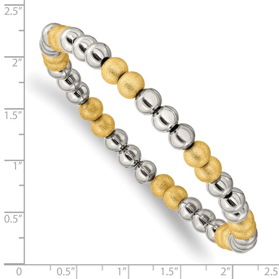 Chisel Stainless Steel Polished Yellow IP-plated Sandblasted 6mm Beaded Stretch Bracelet