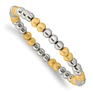 Chisel Stainless Steel Polished Yellow IP-plated Sandblasted 6mm Beaded Stretch Bracelet