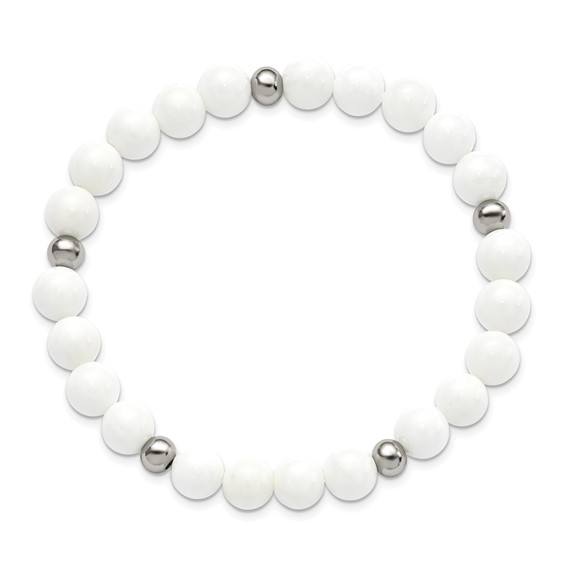 Chisel Stainless Steel Polished 6-8mm White Ceramic Beaded Stretch Bracelet