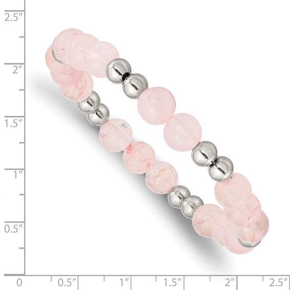 Chisel Stainless Steel Polished 6-8mm Pink Quartz Beaded Stretch Bracelet