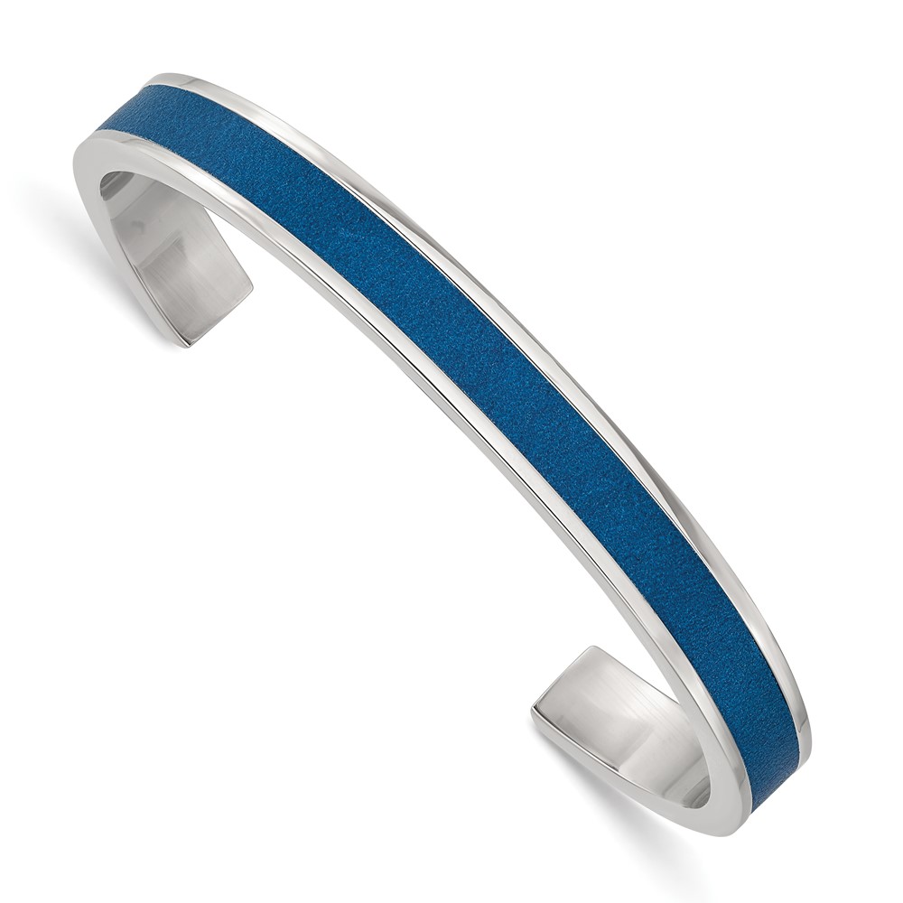 Stainless Steel Polished Blue Leather Inlay 8mm Cuff Bangle