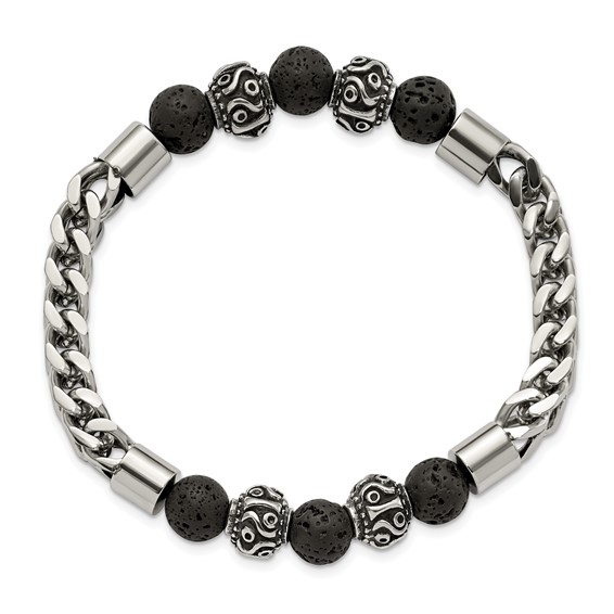 Chisel Stainless Steel Antiqued and Polished with 8mm Lava Stone Beaded Stretch Bracelet