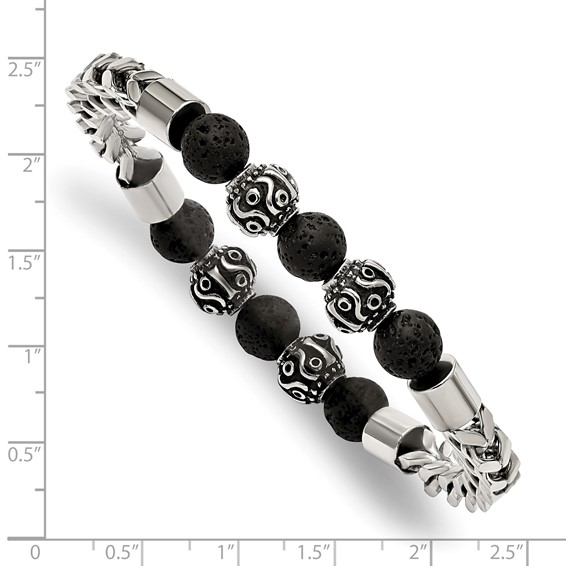 Chisel Stainless Steel Antiqued and Polished with 8mm Lava Stone Beaded Stretch Bracelet