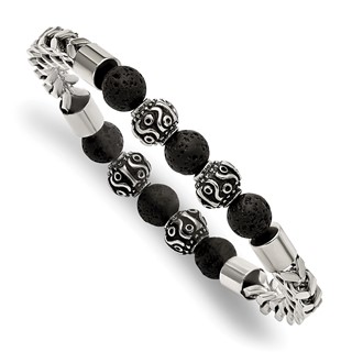 Chisel Stainless Steel Antiqued and Polished with 8mm Lava Stone Beaded Stretch Bracelet