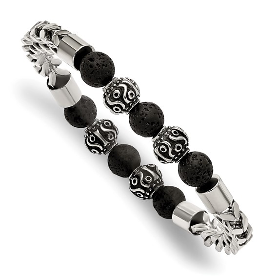 Chisel Stainless Steel Antiqued and Polished with 8mm Lava Stone Beaded Stretch Bracelet