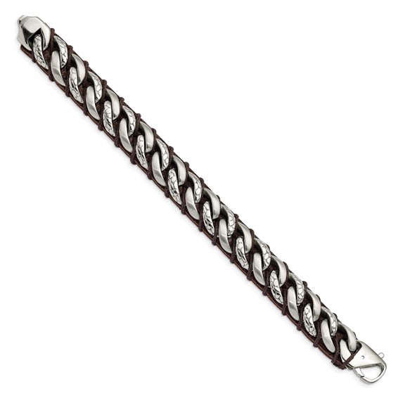 Chisel Stainless Steel Brushed Polished and Textured Curb Chain and Brown Leather 8.5 inch Bracelet