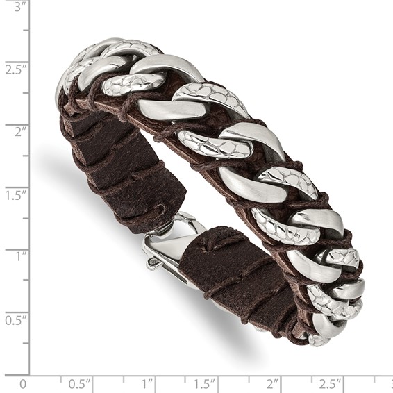 Chisel Stainless Steel Brushed Polished and Textured Curb Chain and Brown Leather 8.5 inch Bracelet