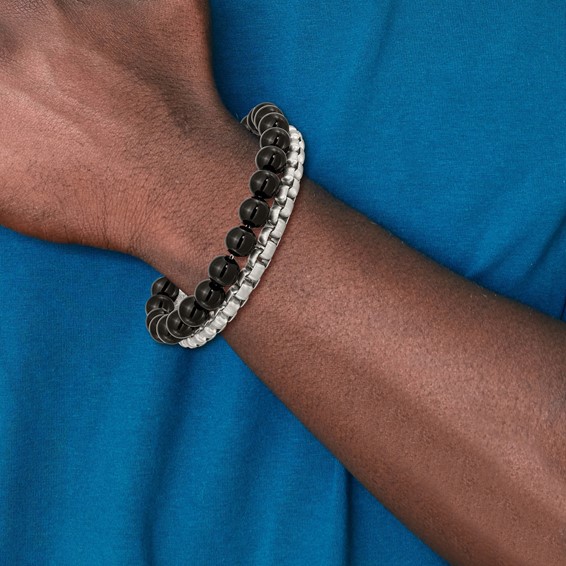 Stainless Steel Brushed Box Chain & Black Onyx 2 Strand 8.5in Bracelet