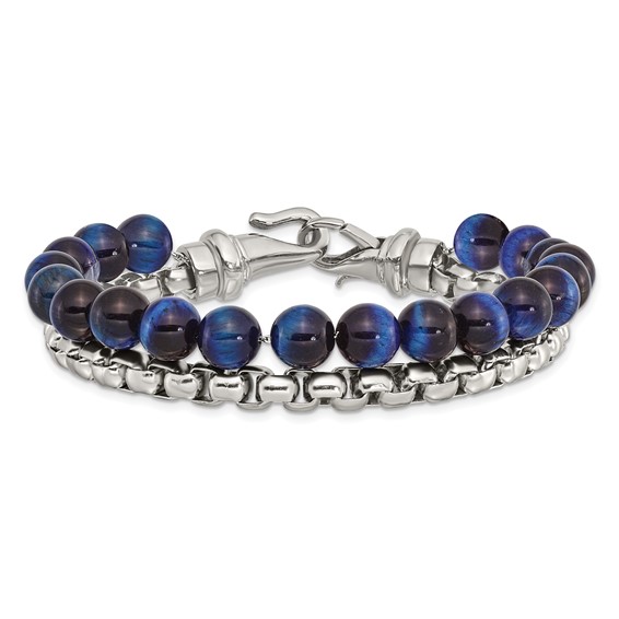 Chisel Stainless Steel Polished Box Chain and Blue Tiger's Eye Beads 2 Strand 8.5 inch Bracelet