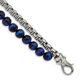 Chisel Stainless Steel Polished Box Chain and Blue Tiger's Eye Beads 2 Strand 8.5 inch Bracelet