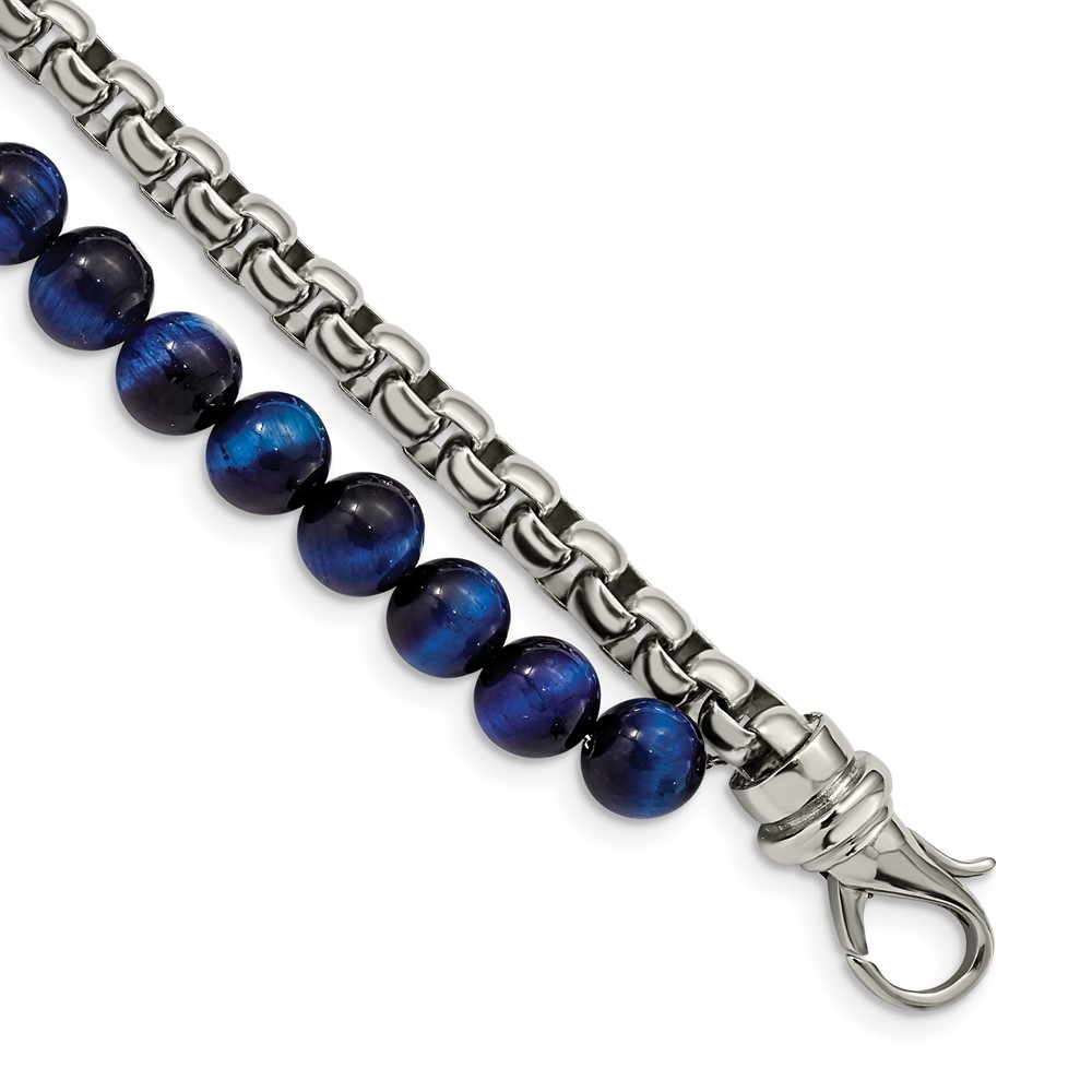 Stainless Steel Polished Box Chain & Blue Tiger's Eye 2 Strand 8.5in Bracel