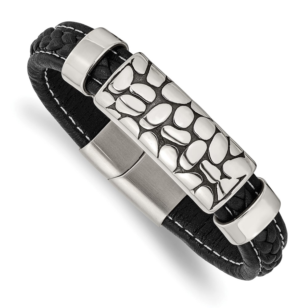 Stainless Steel Antiqued & Polished Black Faux Leather 8.5in Bracelet