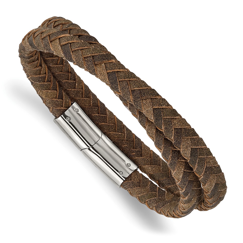 Stainless Steel Polished Brown Leather 14.75in Wrap Bracelet
