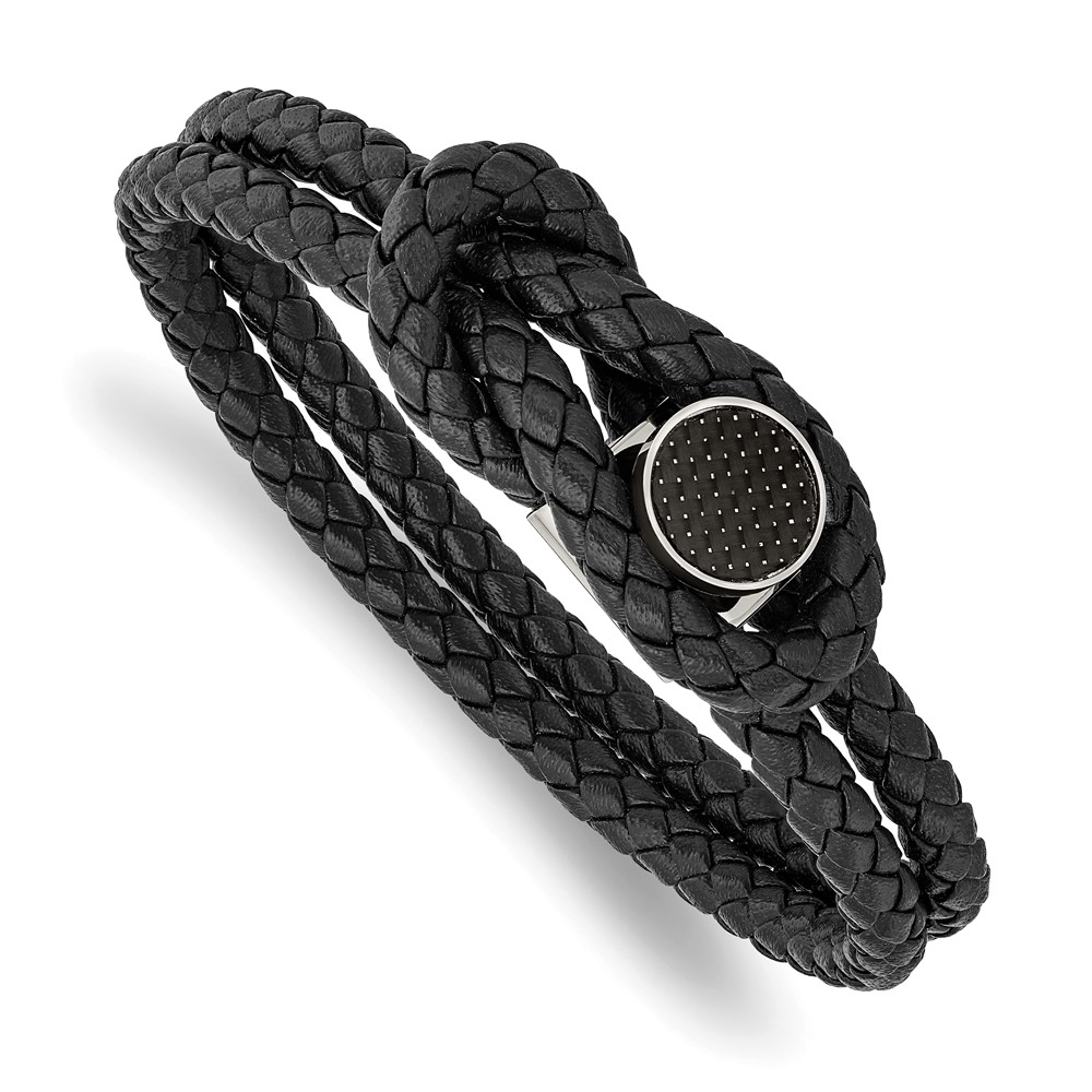 Stainless Steel Polished Black Carbon Fiber Inlay Leather 8.5in Bracelet