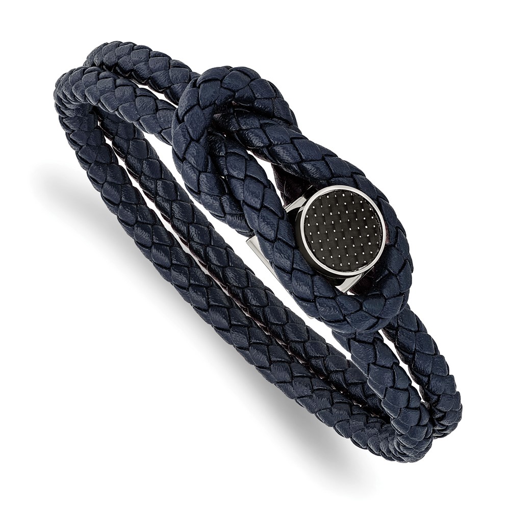 Stainless Steel Polished w/Carbon Fiber Inlay Navy Leather 8.5in Bracelet